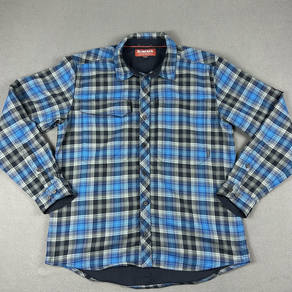 Simms Shirt Mens Large Blue Gray Plaid Button Up Long Sleeve‎ Fishing Outdoor